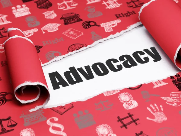 Law concept: black text Advocacy under the piece of  torn paper — Stockfoto