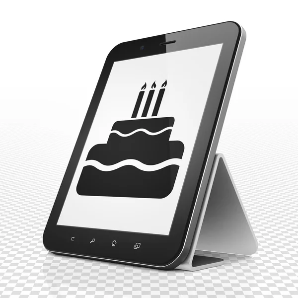 Entertainment, concept: Tablet PC met Cake op display — Stockfoto