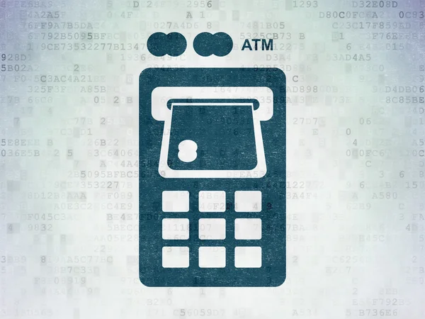 Konsep uang: Mesin ATM pada latar belakang kertas data digital — Stok Foto