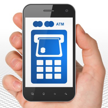 Para birimi konsepti: Atm Makinesi ile El Tutma Akıllı Telefon ekranda