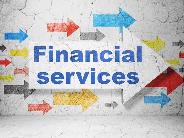 Währungskonzept: Pfeil mit Finanzdienstleistungen vor Grunge-Hintergrund — Stockfoto