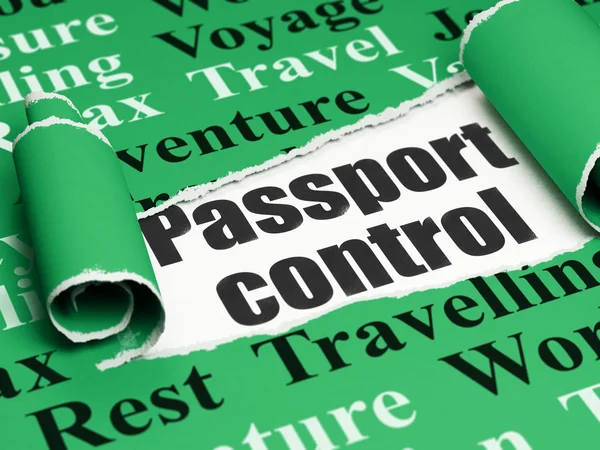 Концепция отдыха: чёрный текст Контроль паспортов под листом рваной бумаги — стоковое фото