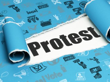 Siyasi kavram: yırtık kağıt parçası altında siyah metin Protesto