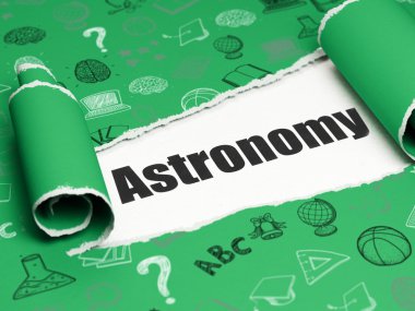 Öğrenme kavramı: yırtık kağıt parçası altında siyah metin Astronomi