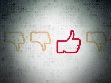 Sosyal medya kavramı: başparmak yukarı dijital veri kağıt arka plan üstünde kutsal kişilerin resmi