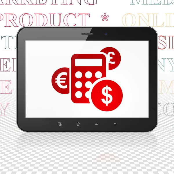 Concetto di marketing: computer tablet con calcolatrice in mostra — Foto Stock