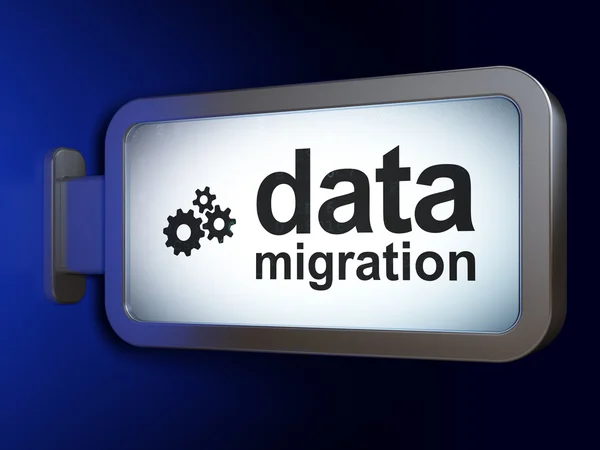 Concepto de datos: Migración de datos y engranajes en el fondo de la cartelera — Foto de Stock