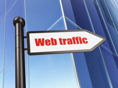 Web geliştirme kavramı: Bina arka plan üzerinde işaret Web Trafiği