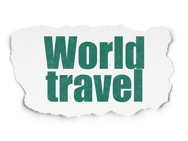 Travel concept: Painted green text World Travel on Torn Paper background with Hand Drawn Vacation Icons