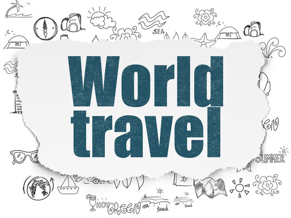 Vacation concept: Painted blue text World Travel on Torn Paper background with Hand Drawn Vacation Icons