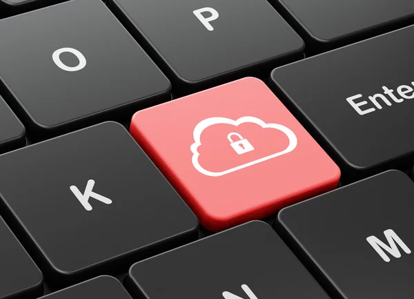 Conceito de computação em nuvem: Nuvem com cadeado no fundo do teclado do computador — Fotografia de Stock