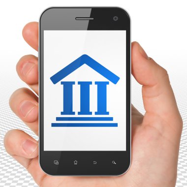 Law concept: Hand Holding Smartphone with Courthouse on display