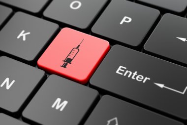 Tıp kavramı: şırınga bilgisayar klavye arka plan üzerinde