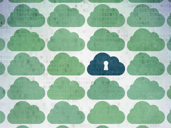 Konsep jaringan awan: awan dengan ikon lubang kunci pada latar belakang Kertas Data Digital — Stok Foto