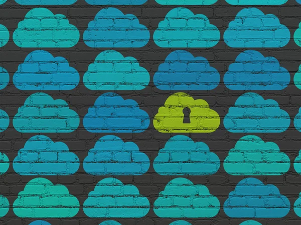 Conceito de tecnologia de nuvem: nuvem com ícone de buraco de fechadura no fundo da parede — Fotografia de Stock