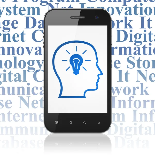 Concepto de información: Smartphone con cabeza con bombilla en pantalla — Foto de Stock