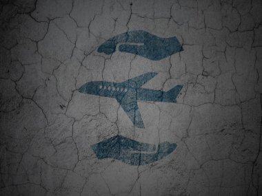 Insurance concept: Airplane And Palm on grunge wall background