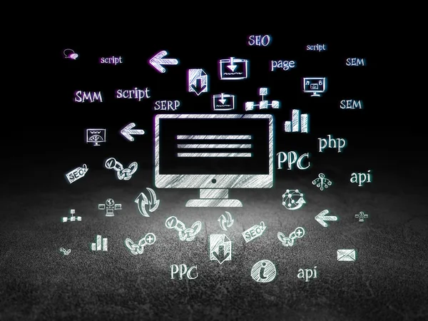 Conceito de desenvolvimento Web: Monitor em sala escura grunge — Fotografia de Stock