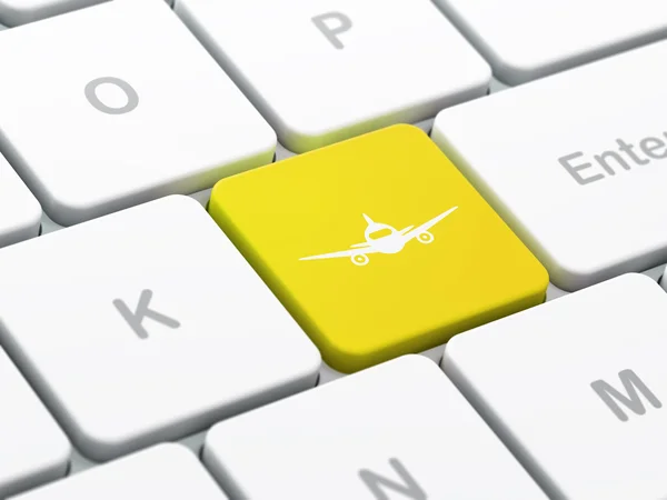 Concepto de viaje: Aviones en el fondo del teclado del ordenador — Foto de Stock
