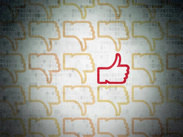 Conceito de mídia social: ícone de polegar para cima no fundo de papel de dados digitais — Fotografia de Stock