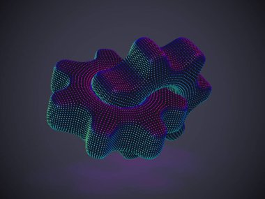 Gri arkaplanda neon noktalardan yapılmış 3 boyutlu dişliler.