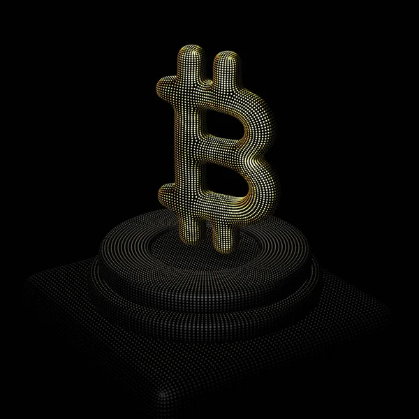 Concept of blockchain: Golden 3D Bitcoin sign standing on pedestal. — Stock Vector