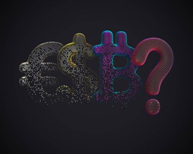 Üç boyutlu dijital Euro, Dolar ve Bitcoin sembolü soru işareti ile üst üste