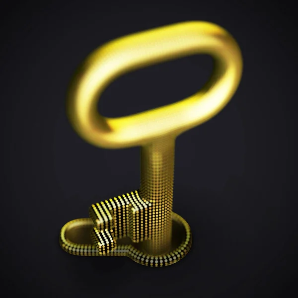 Digital 3D gyllene nyckel i nyckelhål på svart bakgrund. — Stock vektor