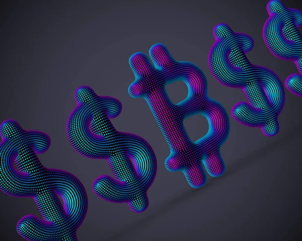 Bitcoin krypto valuta 3D-ikon i rad med amerikanska dollartecken — Stock vektor