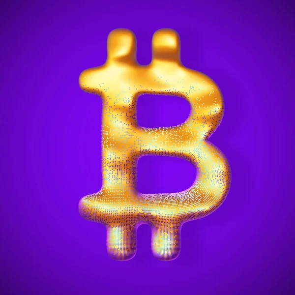 Golden 3D Bitcoin logo with pixels on surface on blue background — Stock Vector