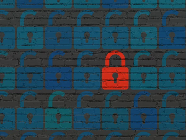 Privacy concept: red closed padlock icon on wall background — Stock Photo, Image