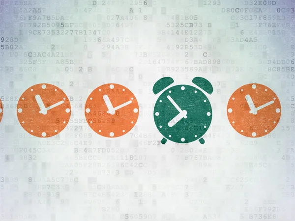 Conceito de linha do tempo: ícone de despertador verde no fundo digital — Fotografia de Stock