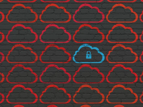 Cloud síťový koncept: modrý mrak ikonu na zeď na pozadí — Stock fotografie