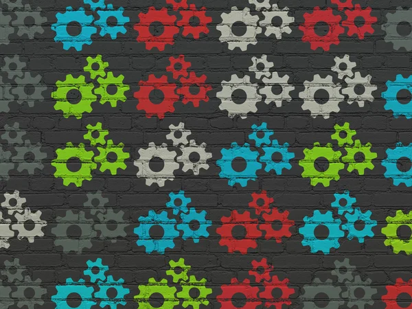 Informatie concept: multicolor Gears pictogrammen op muur achtergrond — Stockfoto