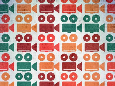 Turizm kavramı: dijital kağıt arka plan üzerinde kamera simgeler