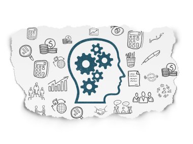 İş kavramı: kafa ile vites yırtılmış kağıt arka plan üzerinde