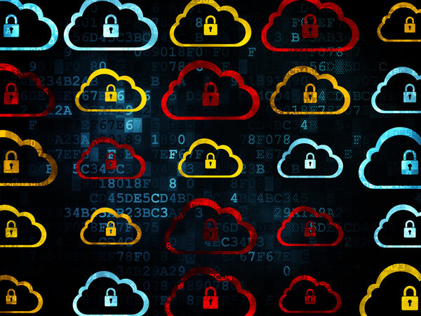 Концепция создания облачных сетей: Облако с иконками замков на цифровом фоне
