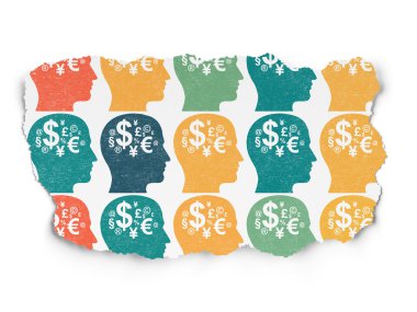 Ekonomi kavramı: yırtık kağıt arka plan üzerinde kafa ile finans sembol simgeler