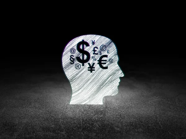 Conceito de marketing: Head With Finance Symbol no quarto escuro grunge — Fotografia de Stock