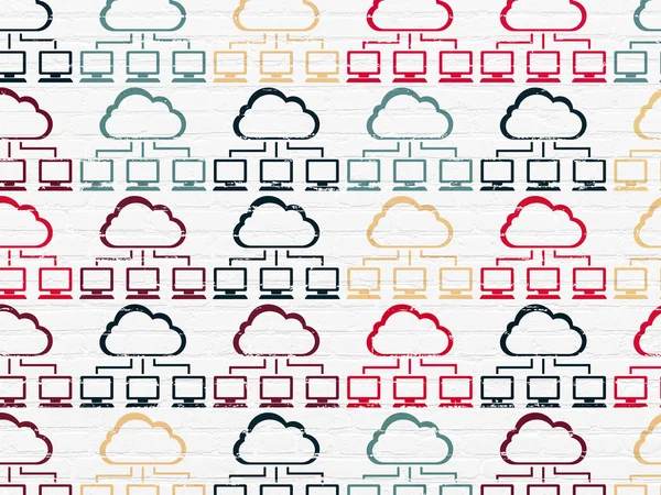 Concetto di tecnologia cloud: icone di rete cloud sullo sfondo del muro — Foto Stock