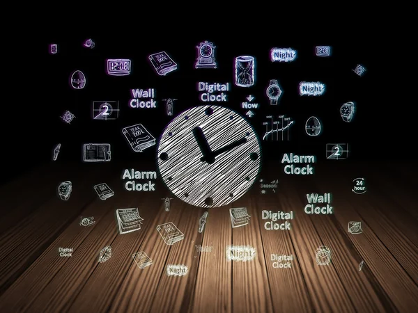 Χρονοδιάγραμμα έννοια: ρολόι σε σκοτεινό δωμάτιο grunge — Φωτογραφία Αρχείου