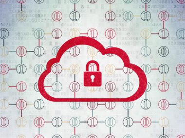 Bulut bilgi işlem kavramı: bulut ile asma kilit dijital kağıt arka plan üzerinde