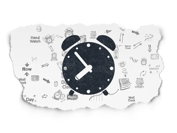 Concepto de línea de tiempo: Reloj despertador en el fondo de papel roto — Foto de Stock