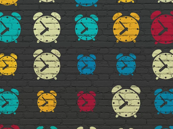 Concetto di linea temporale: icone dell'orologio di allarme sullo sfondo della parete — Foto Stock