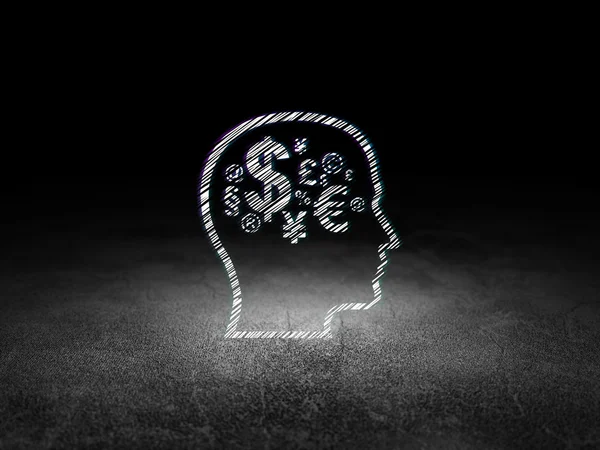 Reklamní koncepce: hlava s finanční Symbol v temné místnosti grunge — Stock fotografie