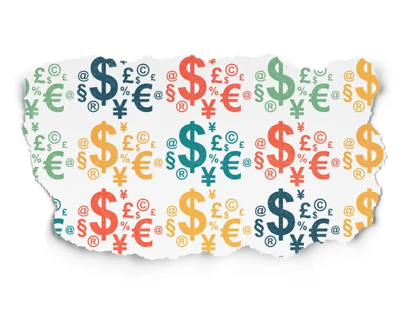 Концепция рекламы: иконки финансовых символов на фоне порванной бумаги — стоковое фото