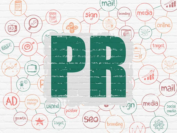 Concetto di marketing: PR su sfondo parete — Foto Stock