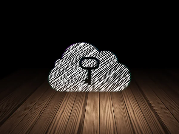 Conceito de tecnologia de nuvem: Nuvem com chave no quarto escuro grunge — Fotografia de Stock