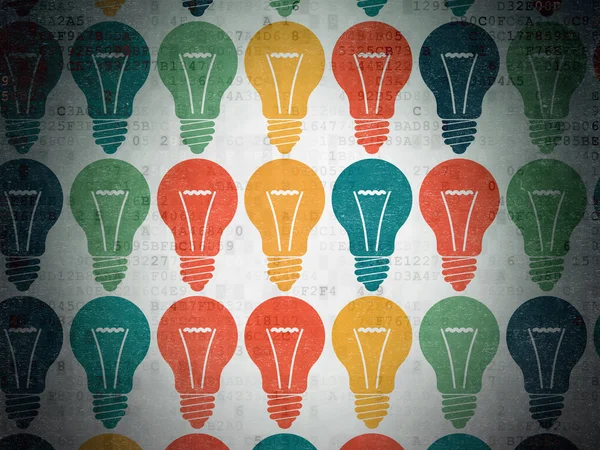 Affärsidé: glödlampa ikoner på digitala papper bakgrund — Stockfoto