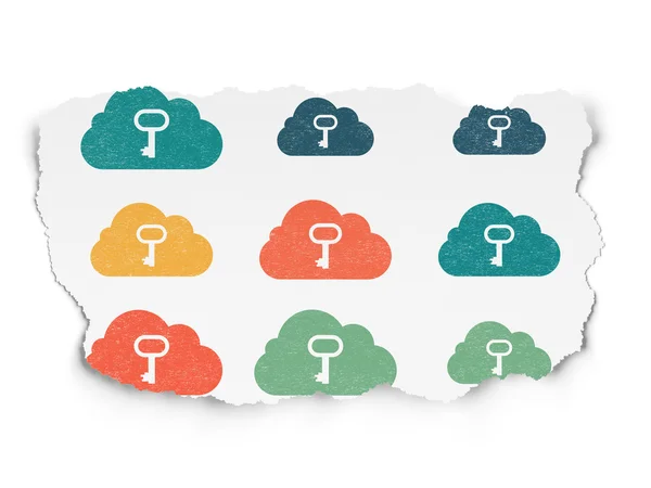 Cloud-Technologie-Konzept: Cloud mit Schlüsselsymbolen auf zerrissenem Papierhintergrund — Stockfoto